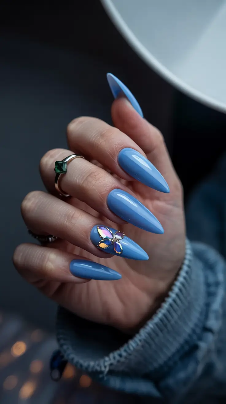 cute spring long nails 2026 Baby Blue Stiletto With Crystal Butterfly Accent
