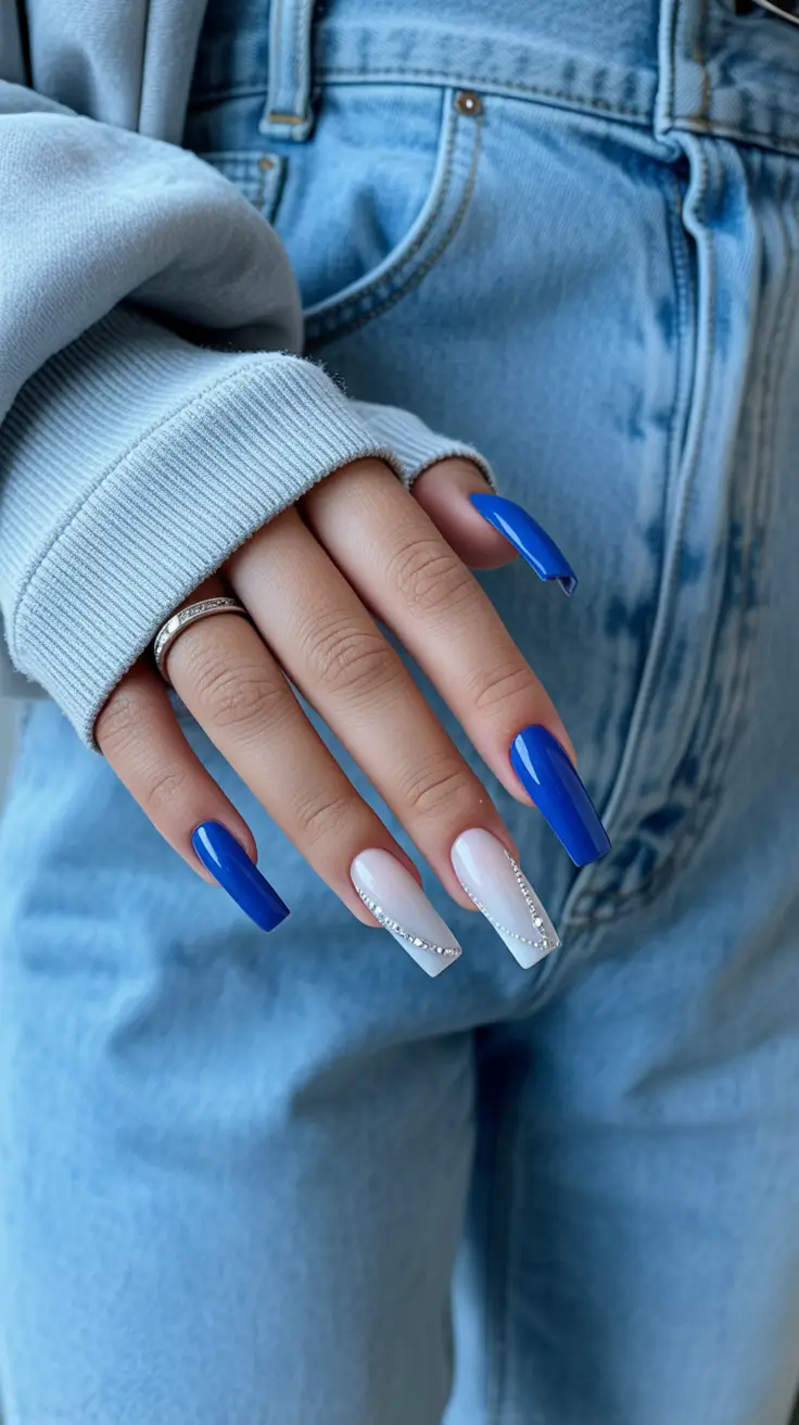 cute spring long nails 2026 Royal Blue and White Glam Coffin