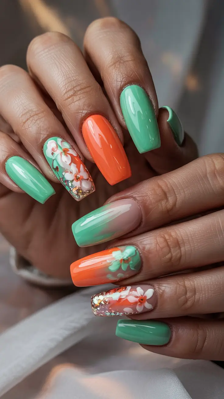 cute spring long nails 2026 Mint and Coral Floral Art Mix