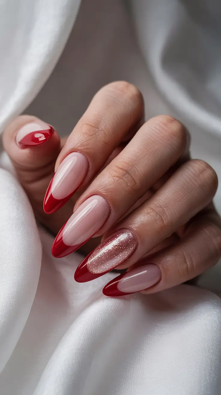 cute spring long nails 2026 Modern Red French With Spark Accent
