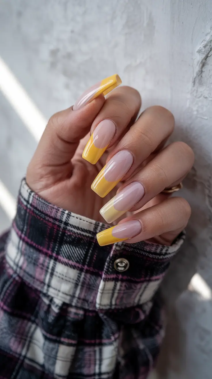 cute spring long nails 2026 Sunny Yellow Ombre Coffin Glow