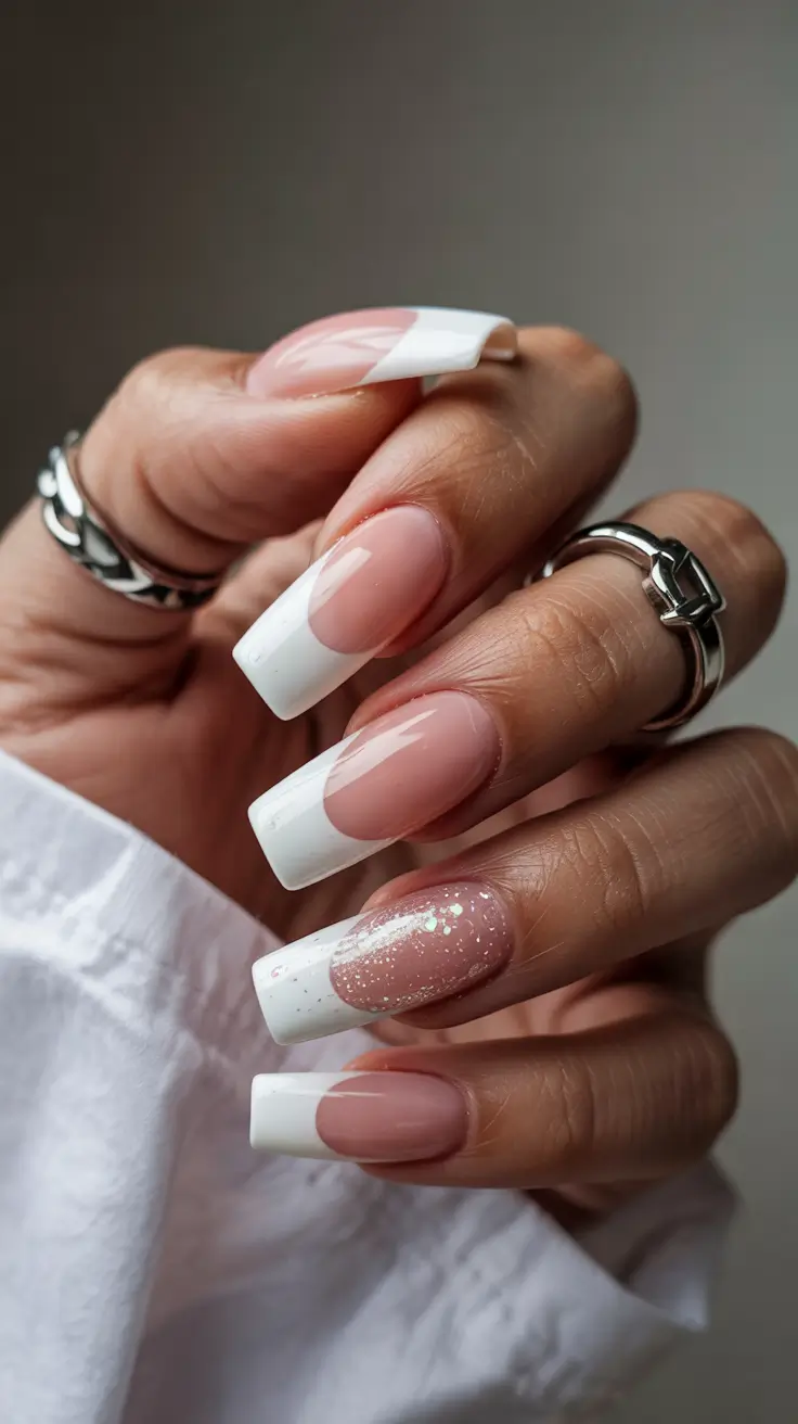 cute spring long nails 2026 Classic White French With Glitter Accent
