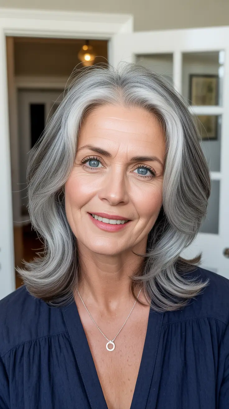 flattering spring haircuts for women over 60 2026 - Soft Silver Lob with Center Part