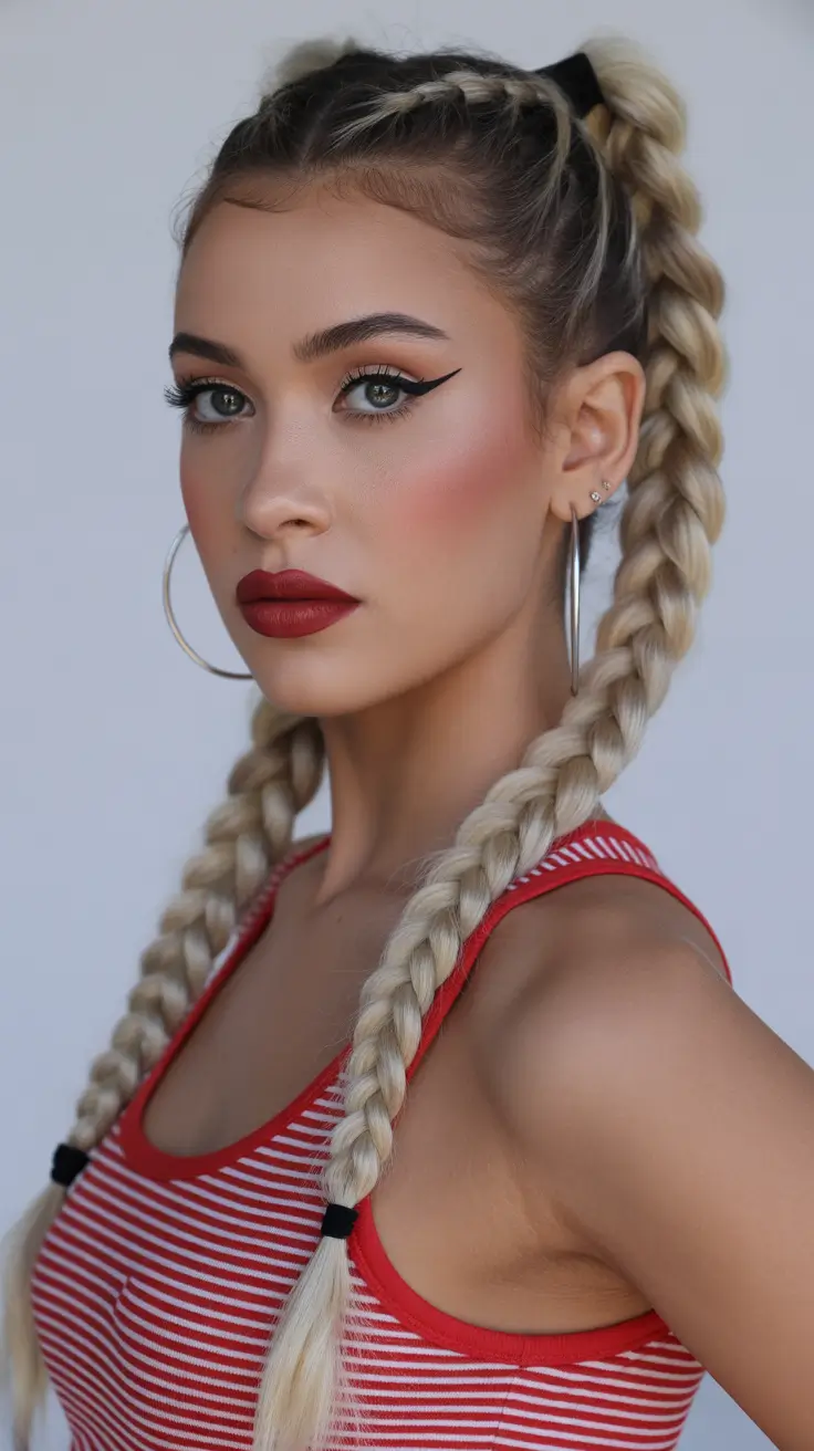 fresh spring braids hairstyle 2026 Sporty High Twin Braids With Clean Blonde Definition
