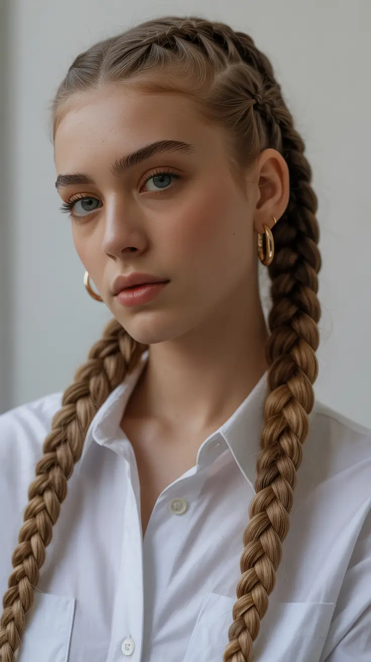 fresh spring braids hairstyle 2026 Soft Classic Twin Braids With Clean Partings
