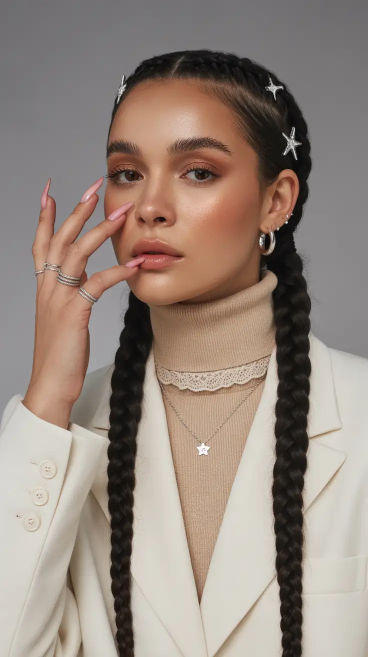 fresh spring braids hairstyle 2026 Star-Accented Long Double Braids With Sleek Roots