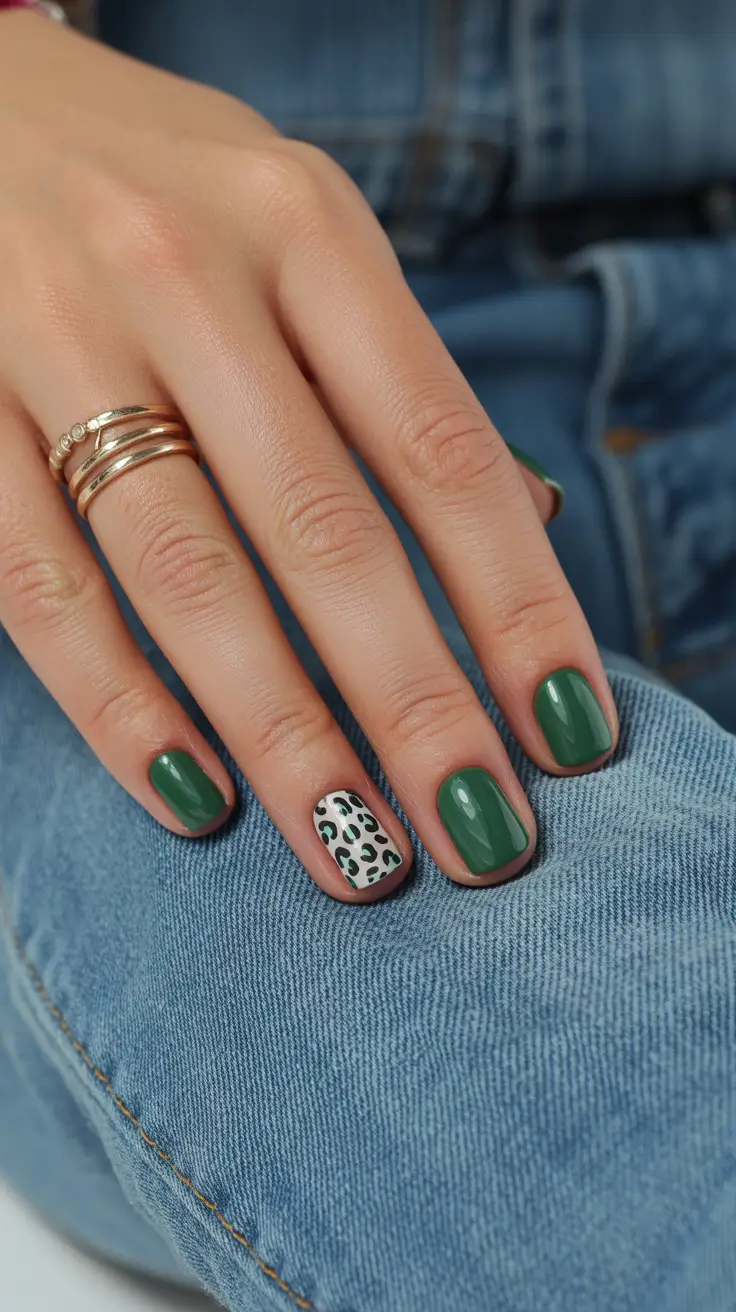 fresh spring short nails 2026 Deep Green Accent Nails with Playful Leopard Art