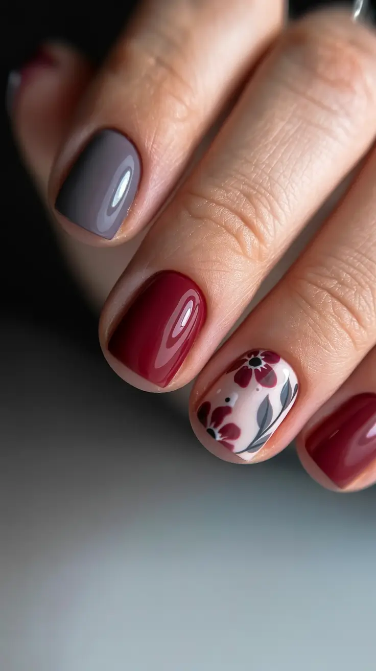 fresh spring short nails 2026 Elegant Floral Accent Nails with Deep Red Contrast