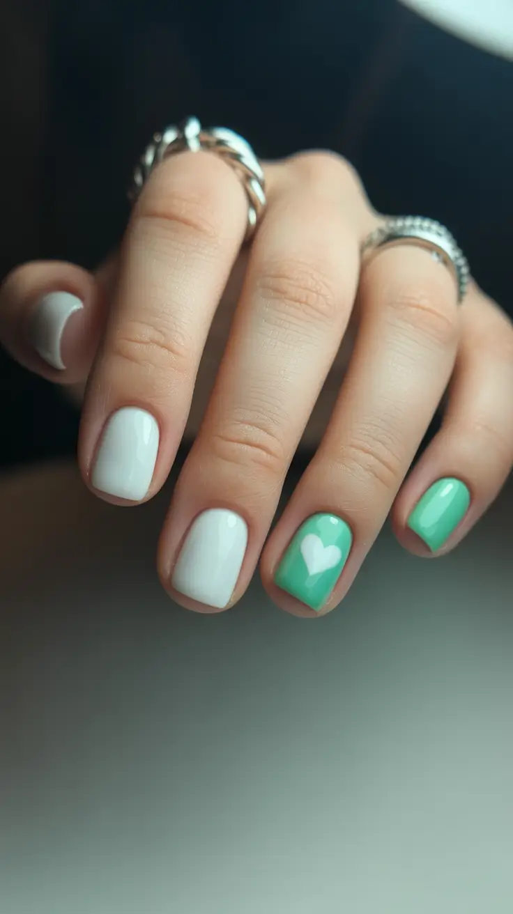 fresh spring short nails 2026 Mint and White Playful Accent Nails for Fresh Spring Energy