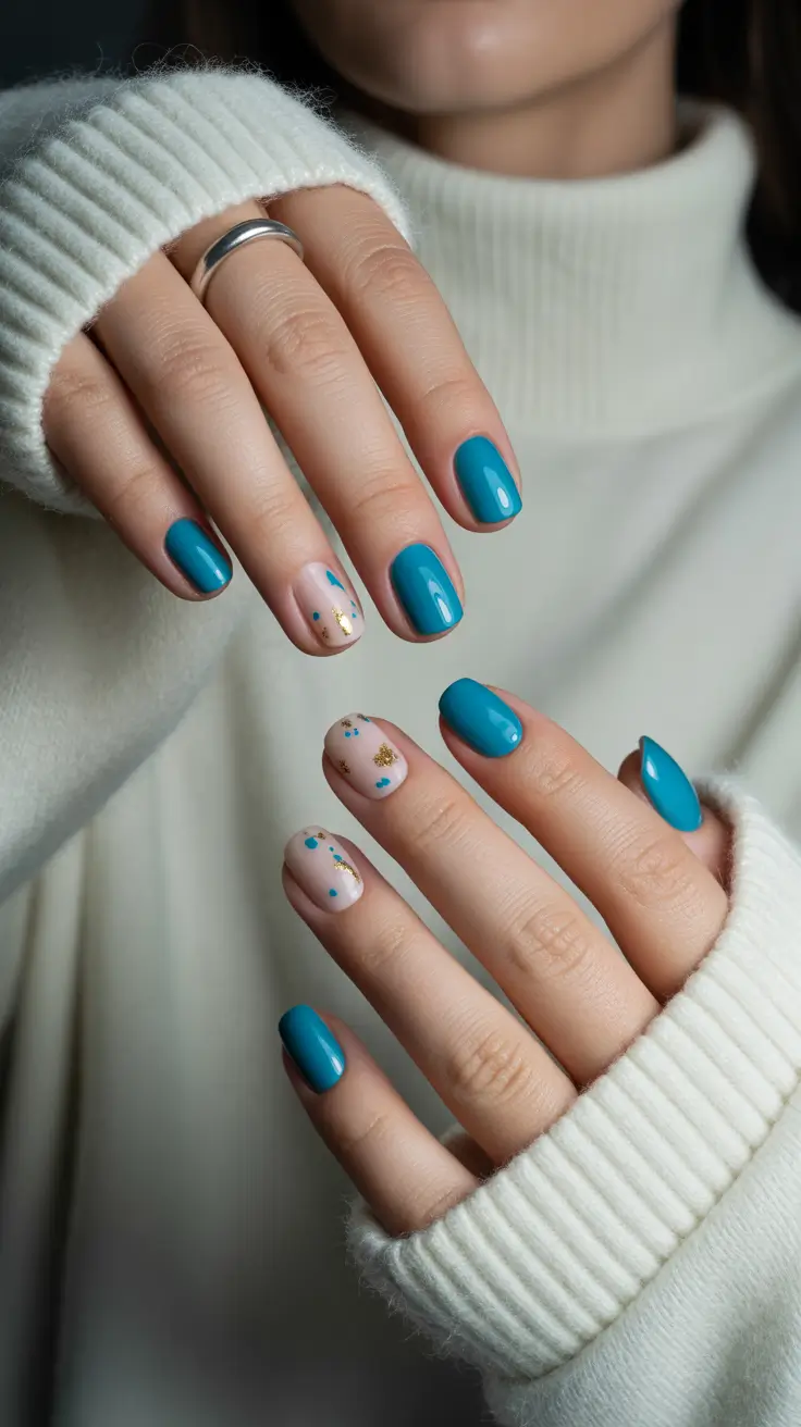 fresh spring short nails 2026 Turquoise Accent Nails with Gold Details for Playful Spring Art