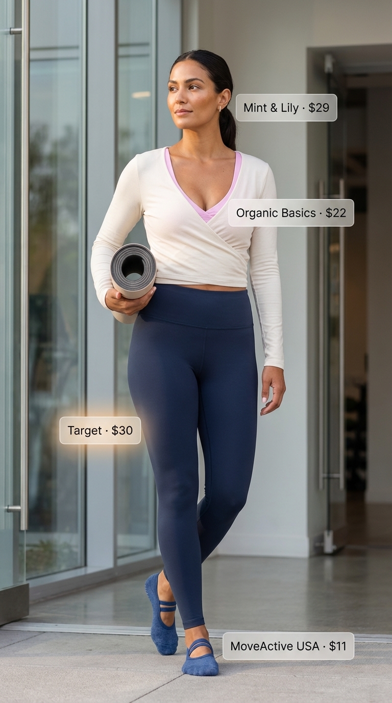 Graceful navy blue and blush pink gym legging outfits summer for women 2026 for barre. Features high-waisted leggings, ribbed bralette, and a cream wrap studio top with gold earrings.