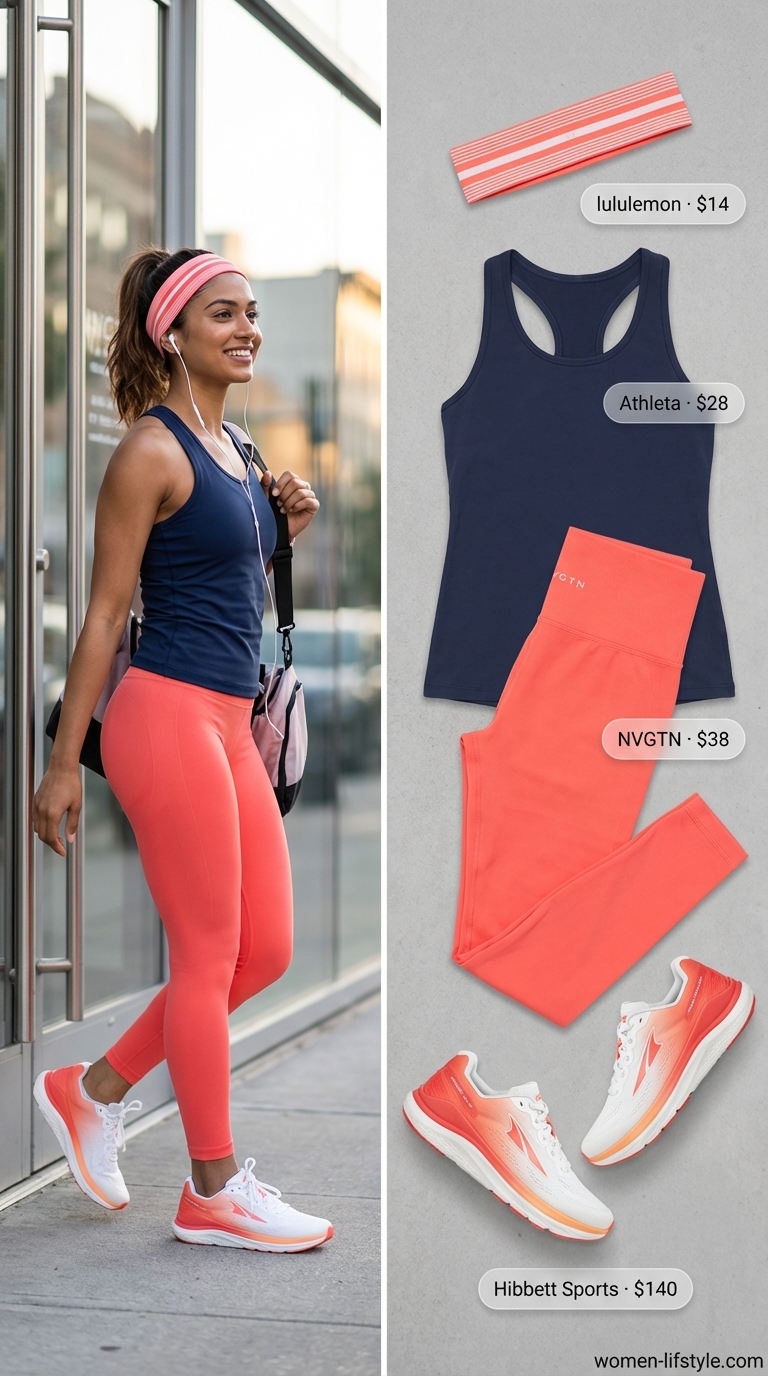 Vibrant coral and navy blue gym legging outfits summer for women 2026 for cardio workouts. Features seamless leggings, a high-neck sports bra, performance top, and running shoes.