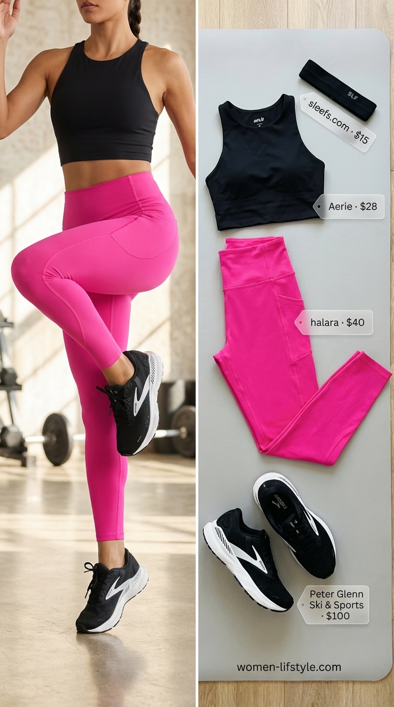 Dynamic hot pink and black gym legging outfits summer for women 2026 for cardio and dance. Features full-length active leggings, a high-neck sports bra, mesh tank, and running shoes.