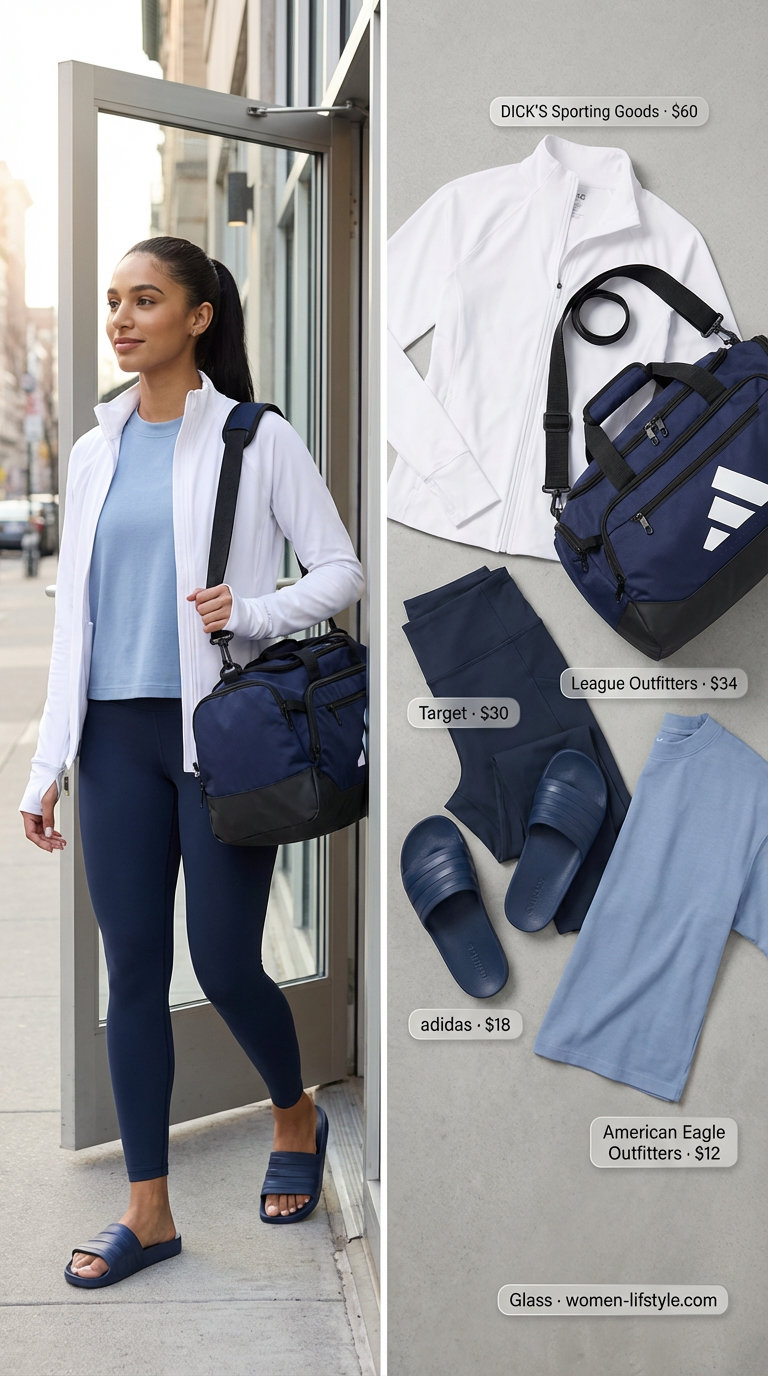 Navy high-waisted leggings with a light blue t-shirt and white zip-up track jacket for post-workout recovery, ideal gym legging outfits summer for women 2026.