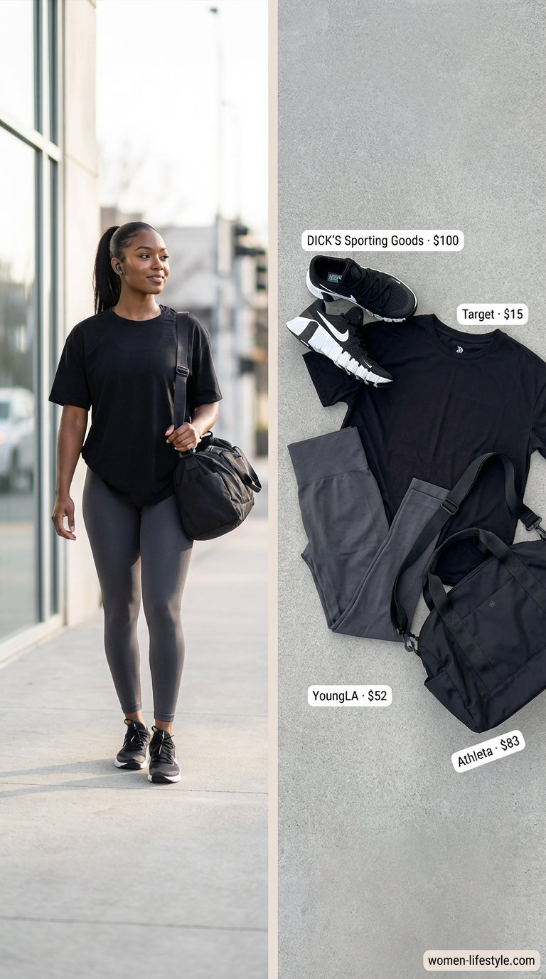 Charcoal grey sculpt knit full-length leggings with a matching longline sports bra and a black oversized performance tee for a sleek gym workout, showcasing gym legging outfits summer for women 2026.