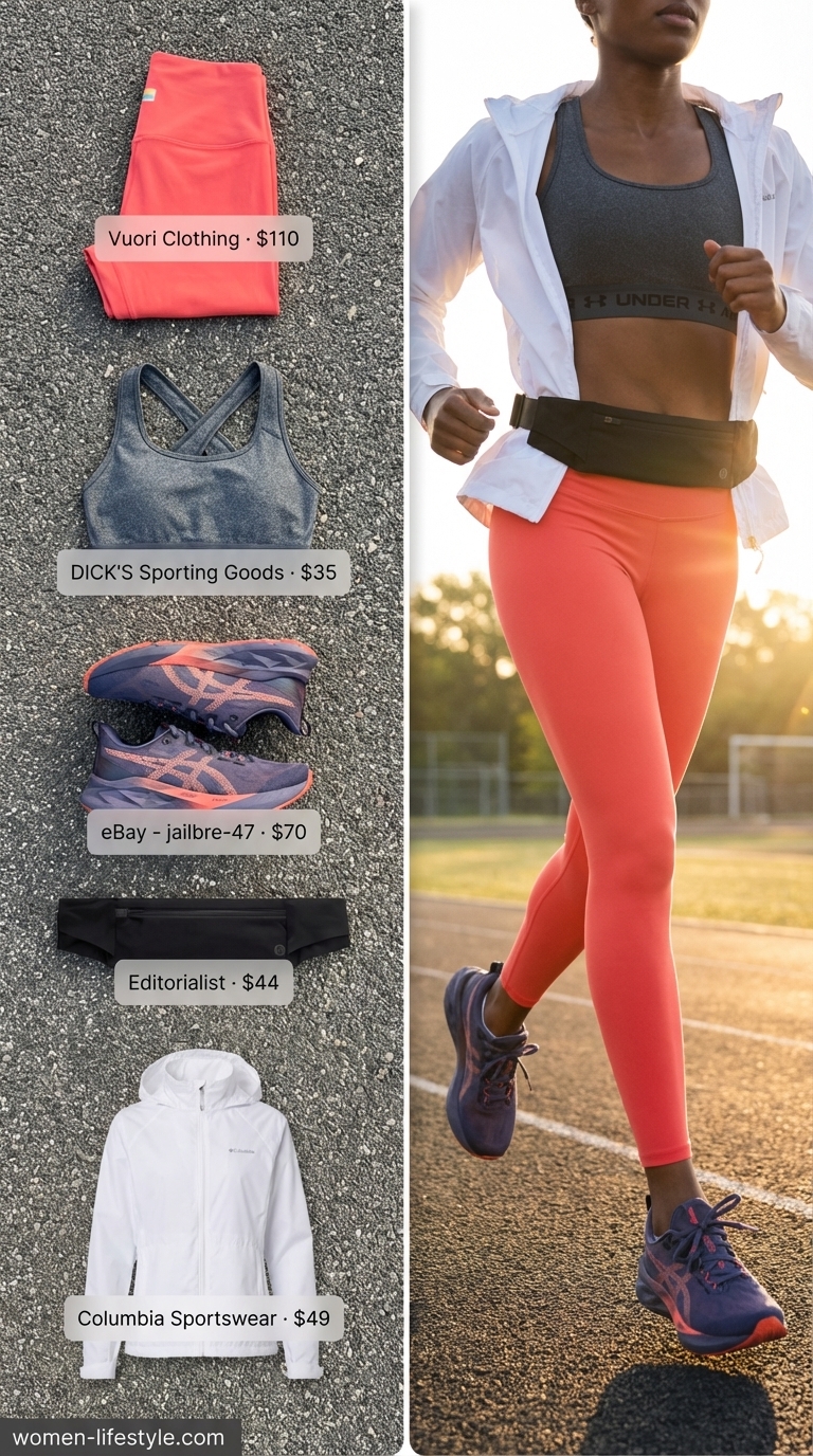 Dynamic coral and charcoal grey gym legging outfits summer for women 2026 for morning runs. Includes a jacket, performance shoes, running belt, and high-rise leggings.
