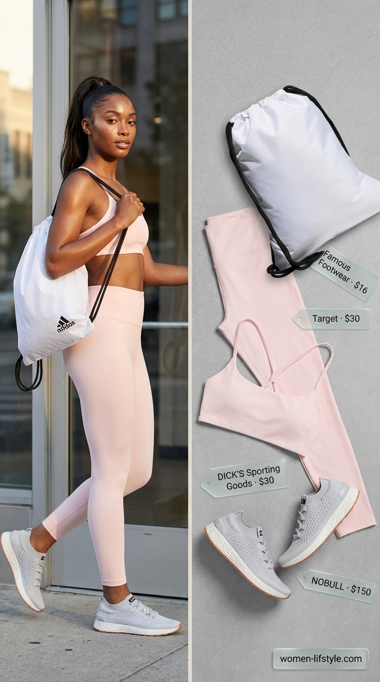 Light pink seamless ankle-length leggings with a matching low-impact sports bra and a white breathable tank top for a soft yoga session, embodying gym legging outfits summer for women 2026.
