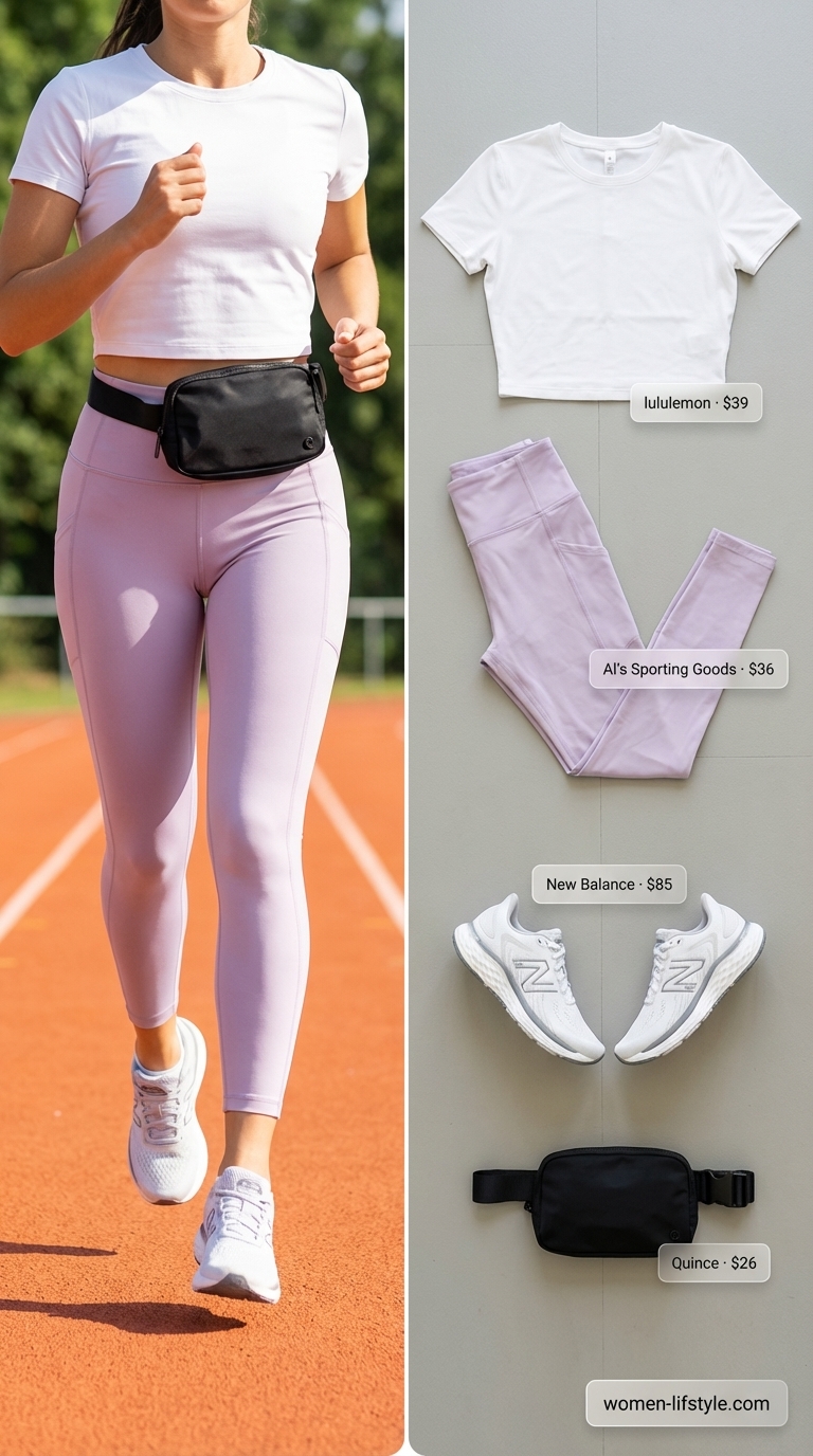 Energetic lilac and white gym legging outfits summer for women 2026 for HIIT classes. Includes compression leggings, a sports bra, cropped tee, sneakers, and a belt bag.