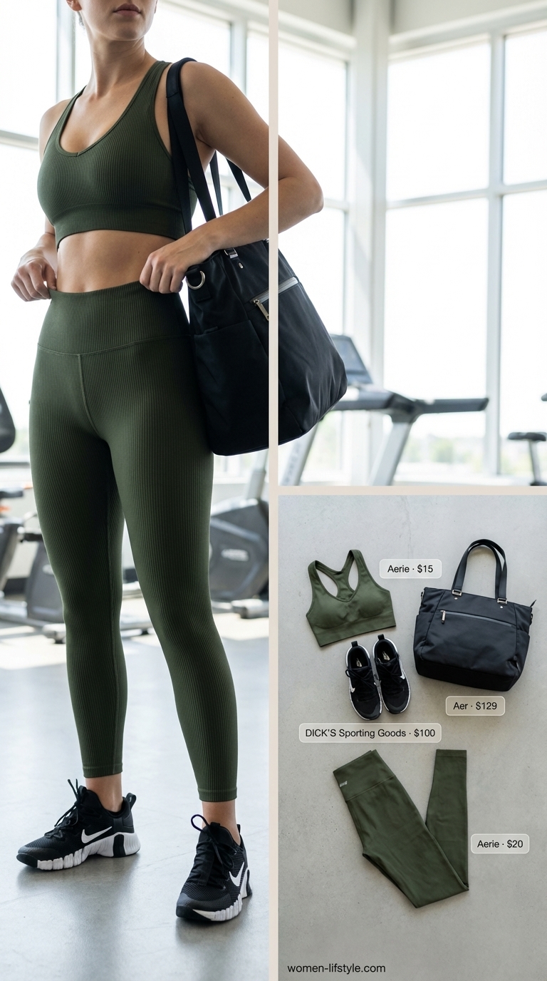 Dark olive green ribbed seamless high-waisted leggings with a matching square-neck sports bra and a black open-back tank for a confident weight training session, perfect gym legging outfits summer for women 2026.