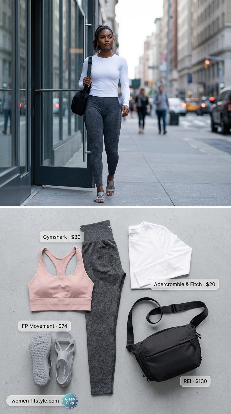 Charcoal grey seamless high-waisted leggings with a blush pink sports bra, white long-sleeve top, and matching studio grip shoes for a Pilates class, embodying gym legging outfits summer for women 2026.