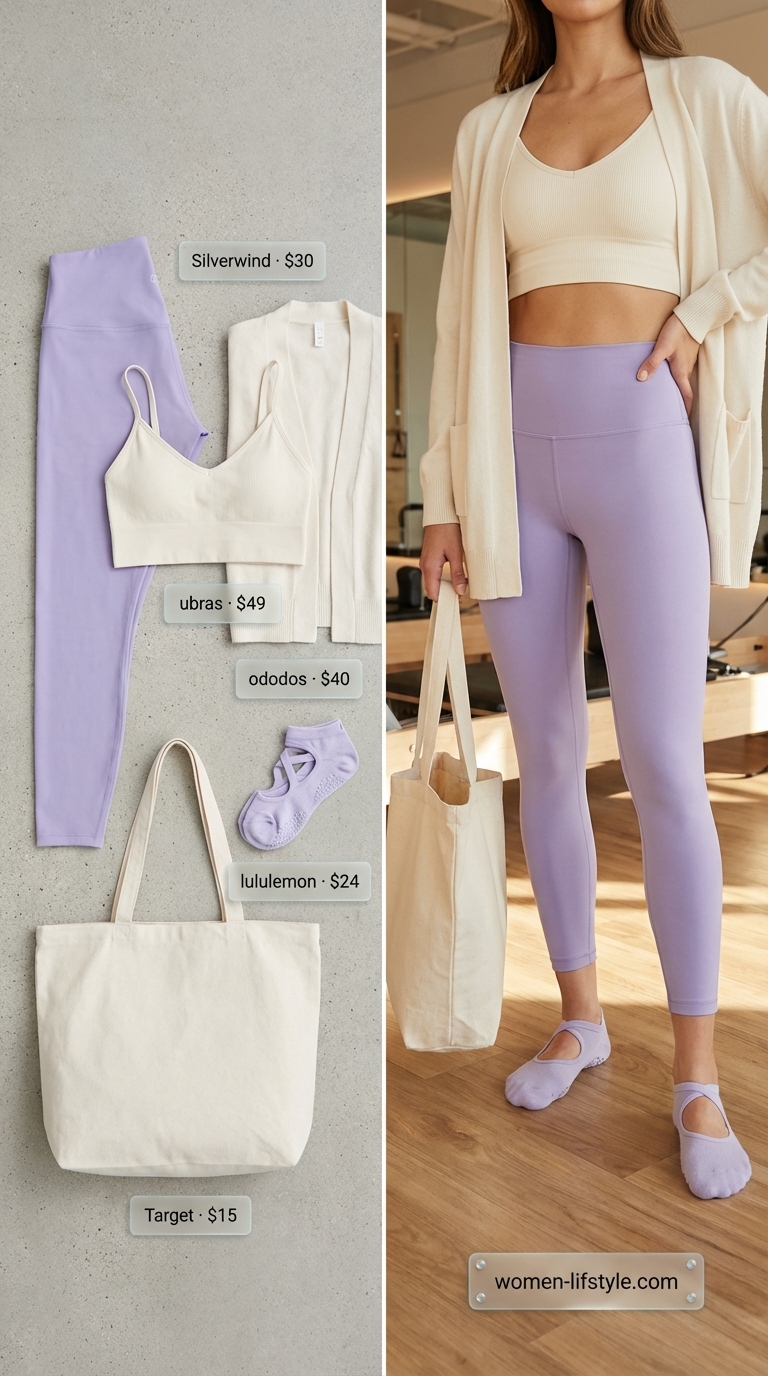 Lavender brushed 7/8 length buttery soft leggings with a matching supportive crop top and a cream lightweight open-front cardigan for a graceful barre class, embodying gym legging outfits summer for women 2026.