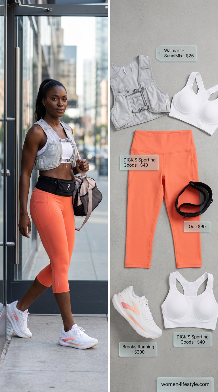 Energizing coral and grey gym legging outfits summer for women 2026 for outdoor track workouts. Features high-waisted leggings, a running vest, high-impact bra, and hydration belt.