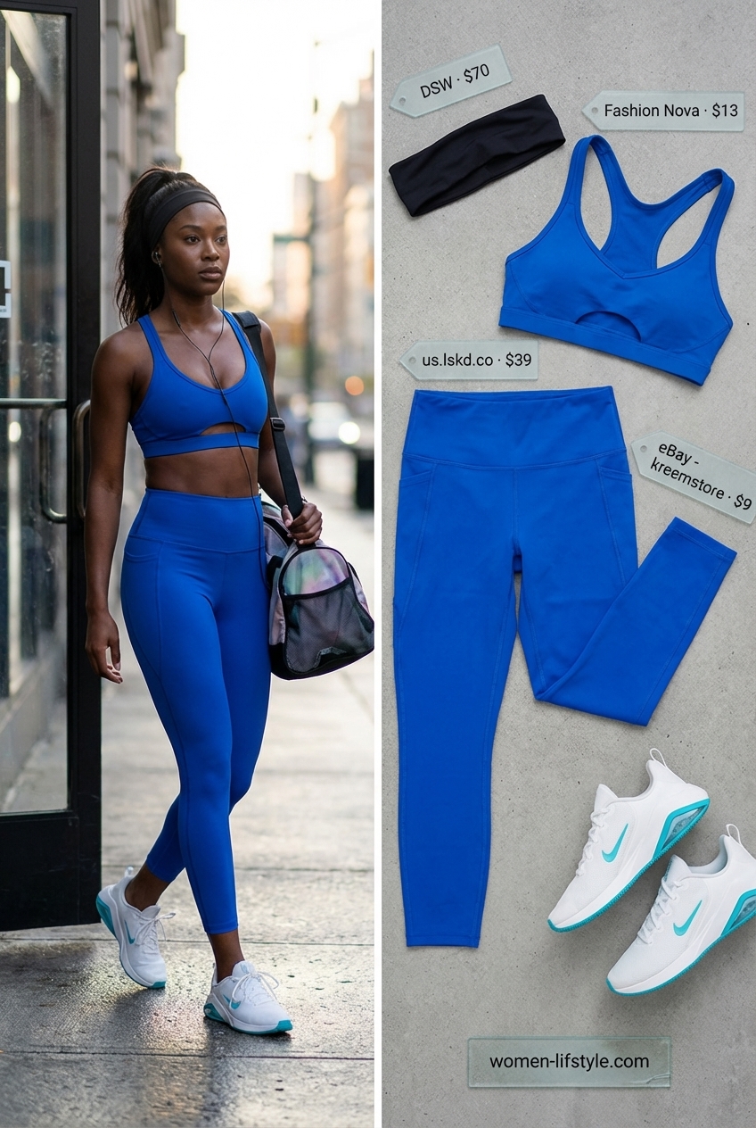 Bold electric blue and black gym legging outfits summer for women 2026 for high-intensity training. Features performance leggings, a sports bra, tank, training shoes, and headbands.