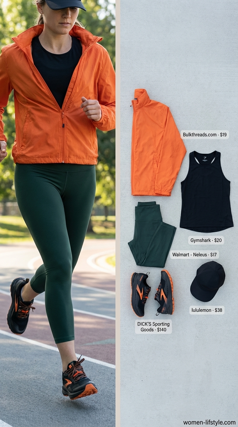 Adventurous forest green and orange gym legging outfits summer for women 2026 for urban hiking. Features capri leggings, a packable windbreaker, trail shoes, and a running cap.