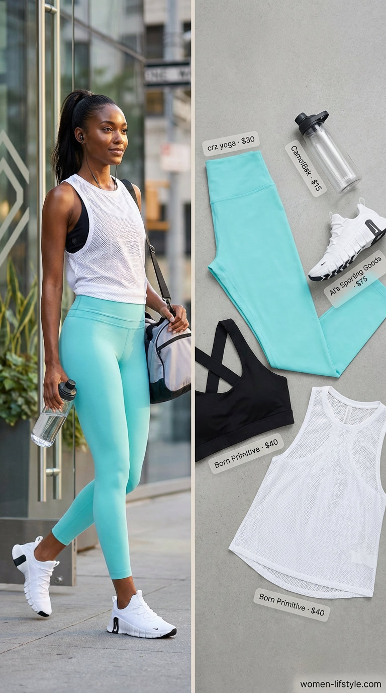 Turquoise high-waisted seamless 7/8 length leggings with a black cross-back sports bra and white breathable tank top for a vibrant gym workout, perfect gym legging outfits summer for women 2026.