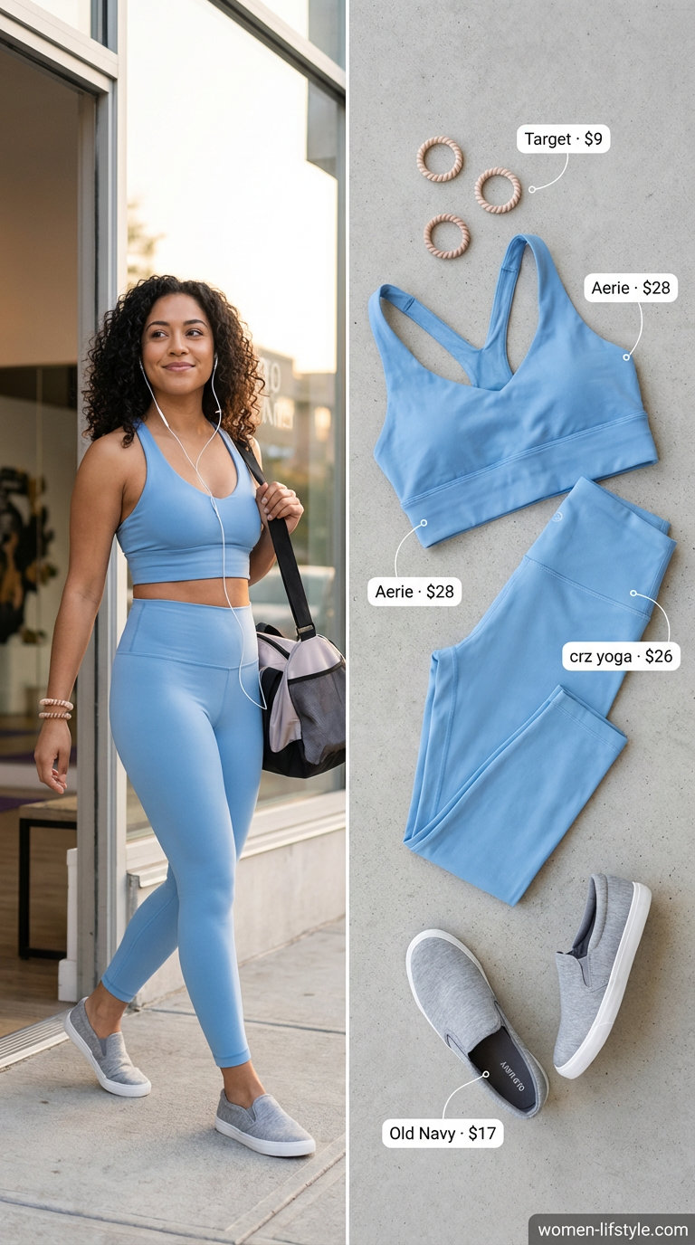 Sky blue seamless high-rise yoga leggings paired with a matching longline sports bra and a heather grey cropped hoodie for a mindful yoga session, embodying gym legging outfits summer for women 2026.