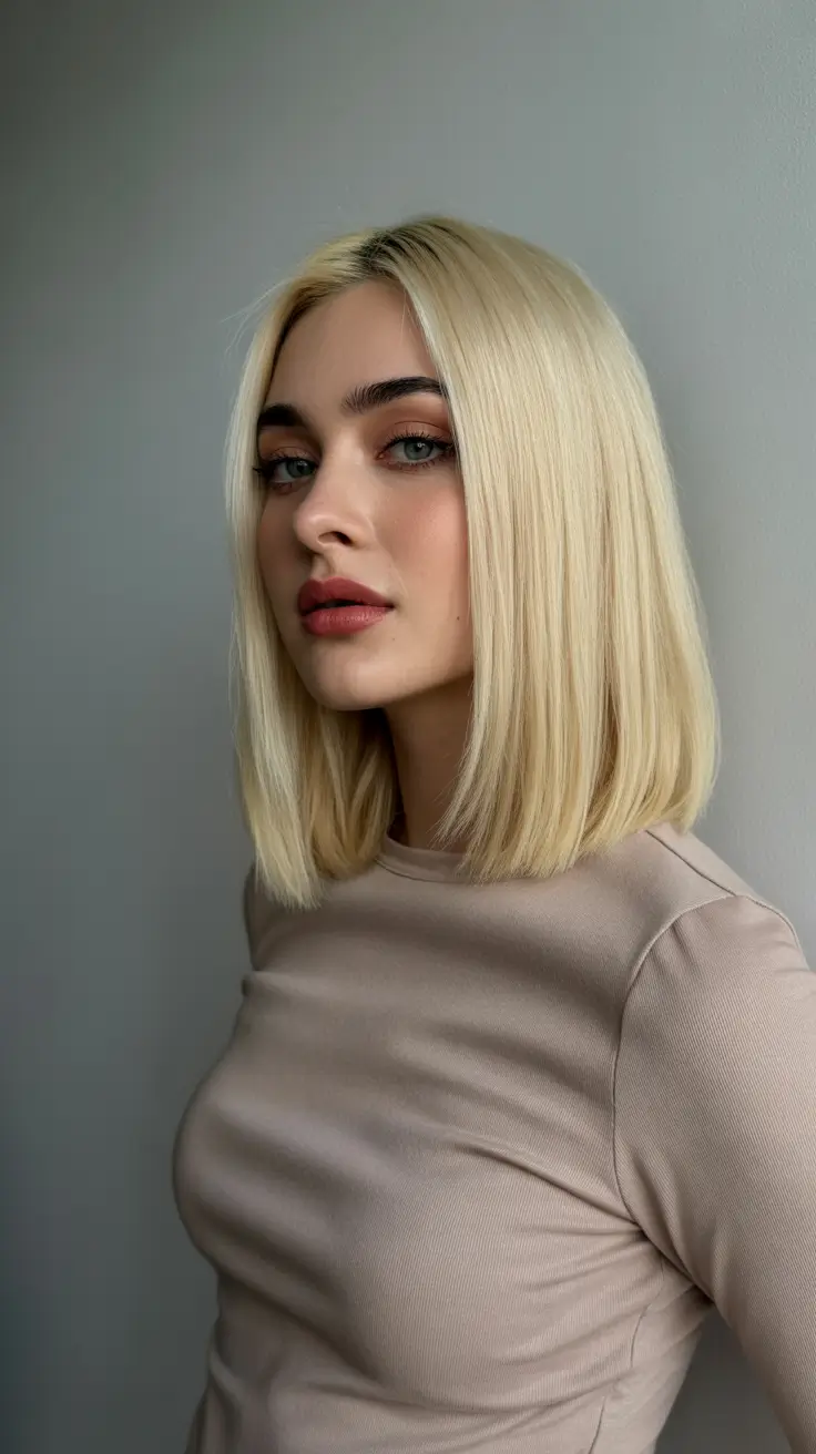 hair color for blondes summer 2026 Glossy Precision Blonde Lob with Minimalist Palette