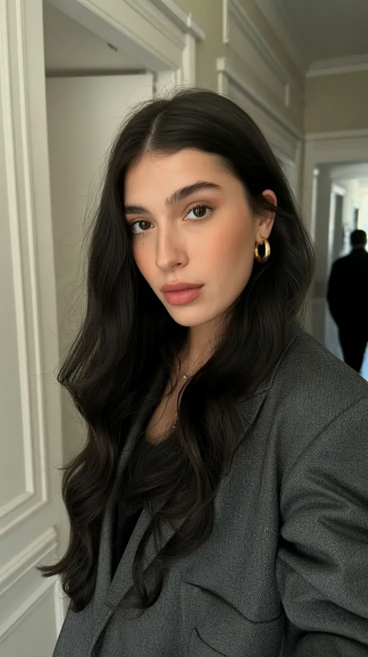 hair color ideas for brunettes summer 2026 Velvety Espresso Waves with Sunlit Dimension