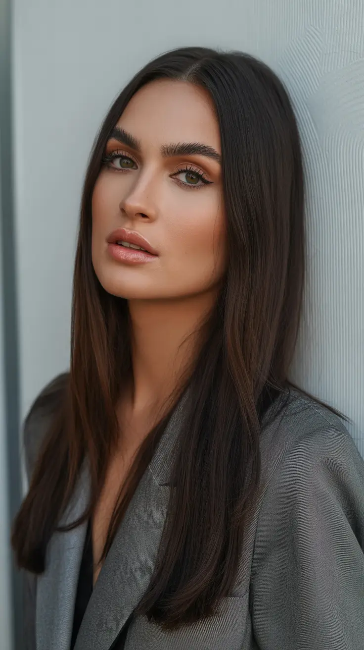 hair color ideas for brunettes summer 2026 Sleek Neutral Brunette with Modern Glass Finish