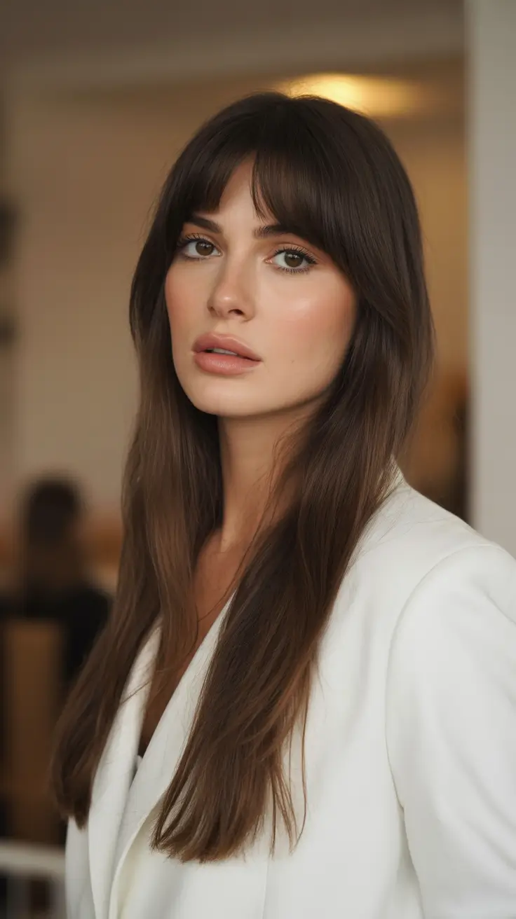 hair color ideas for brunettes summer 2026 Soft Cocoa Fringe with Sunlit Brown Dimension