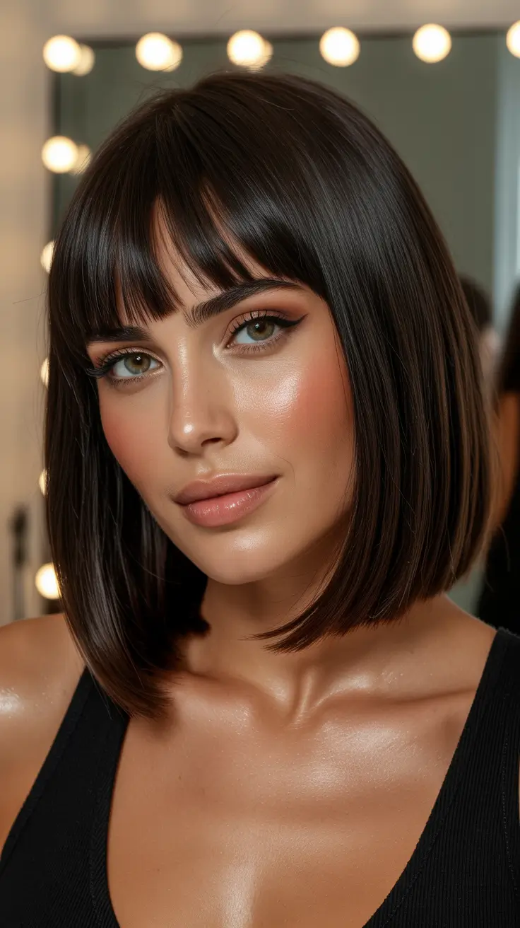 hair color ideas for brunettes summer 2026 Soft Chocolate Precision Bob with Micro Fringe