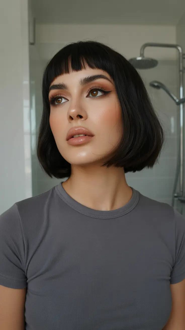 May Hair Color Ideas 2026 Graphic Soft Black Bob with Micro Fringe
