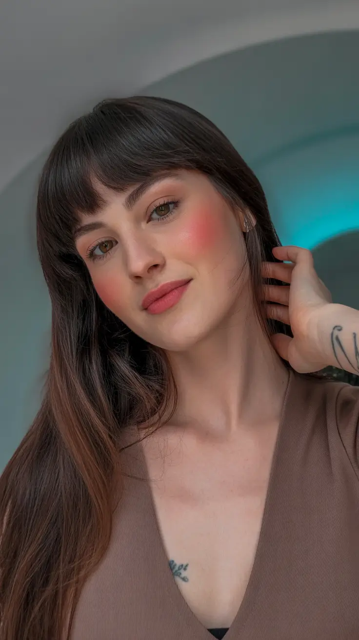 May Hair Color Ideas 2026 Warm Cocoa Brunette with Micro Fringe Accent