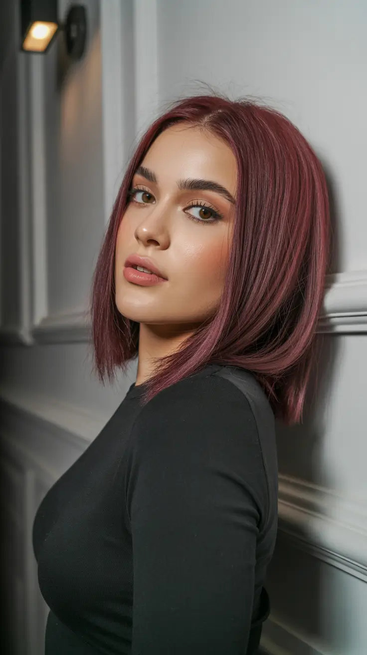 May Hair Color Ideas 2026 Muted Cherry Brunette Sleek Midi Bob