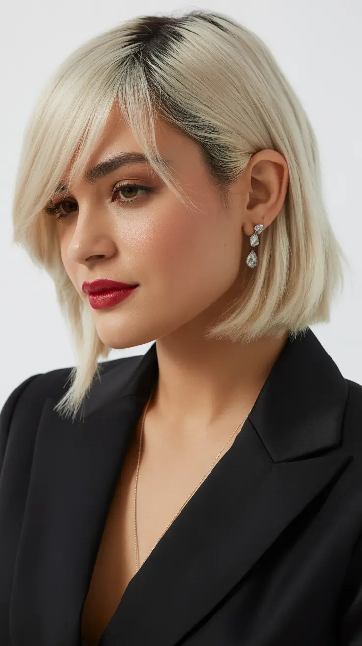 May Hair Color Ideas 2026 Soft Platinum Blonde Angled Crop with Fringe
