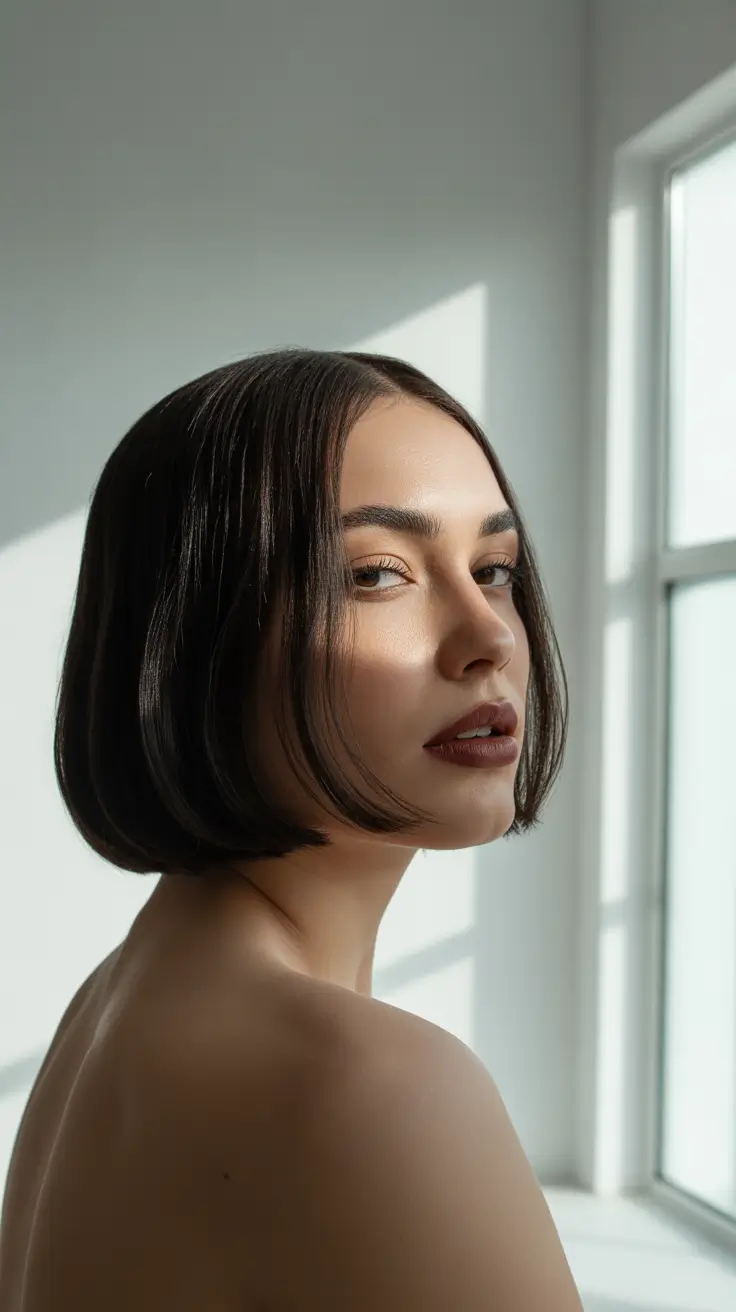 May Hair Color Ideas 2026 Glossy Dark Chocolate Precision French Bob