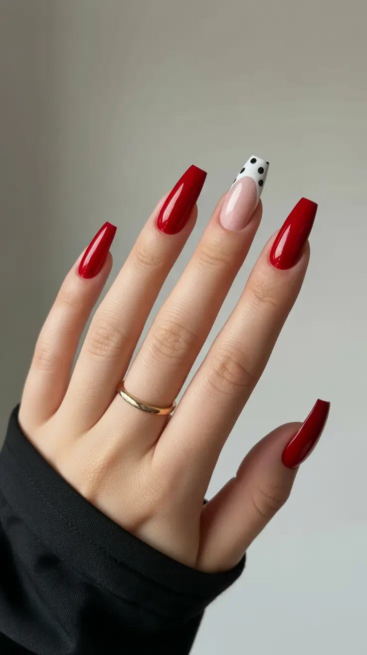 May Nails Ideas 2026 Statement Red Length with Playful Graphic Accent