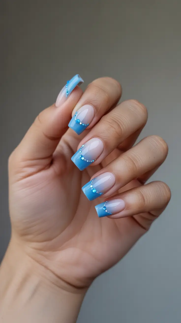 May Nails Ideas 2026 Crystal Blue French Tips for Soft Glam Evenings