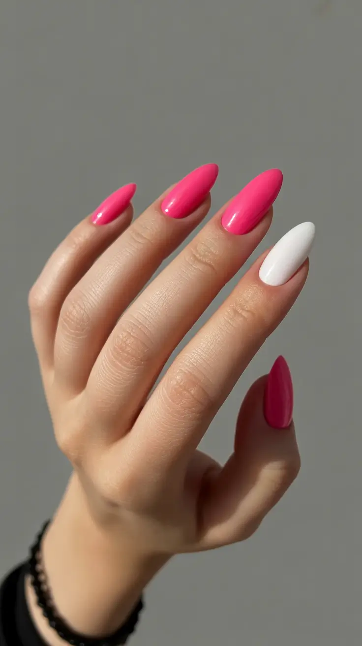 May Nails Ideas 2026 Hot Pink Pop with Minimal White Contrast