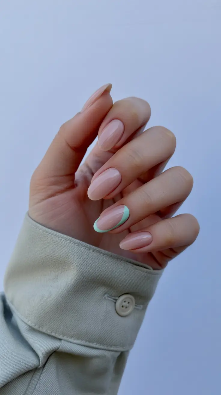 May Nails Ideas 2026 Sheer Nude Calm with Mint Micro French Detail