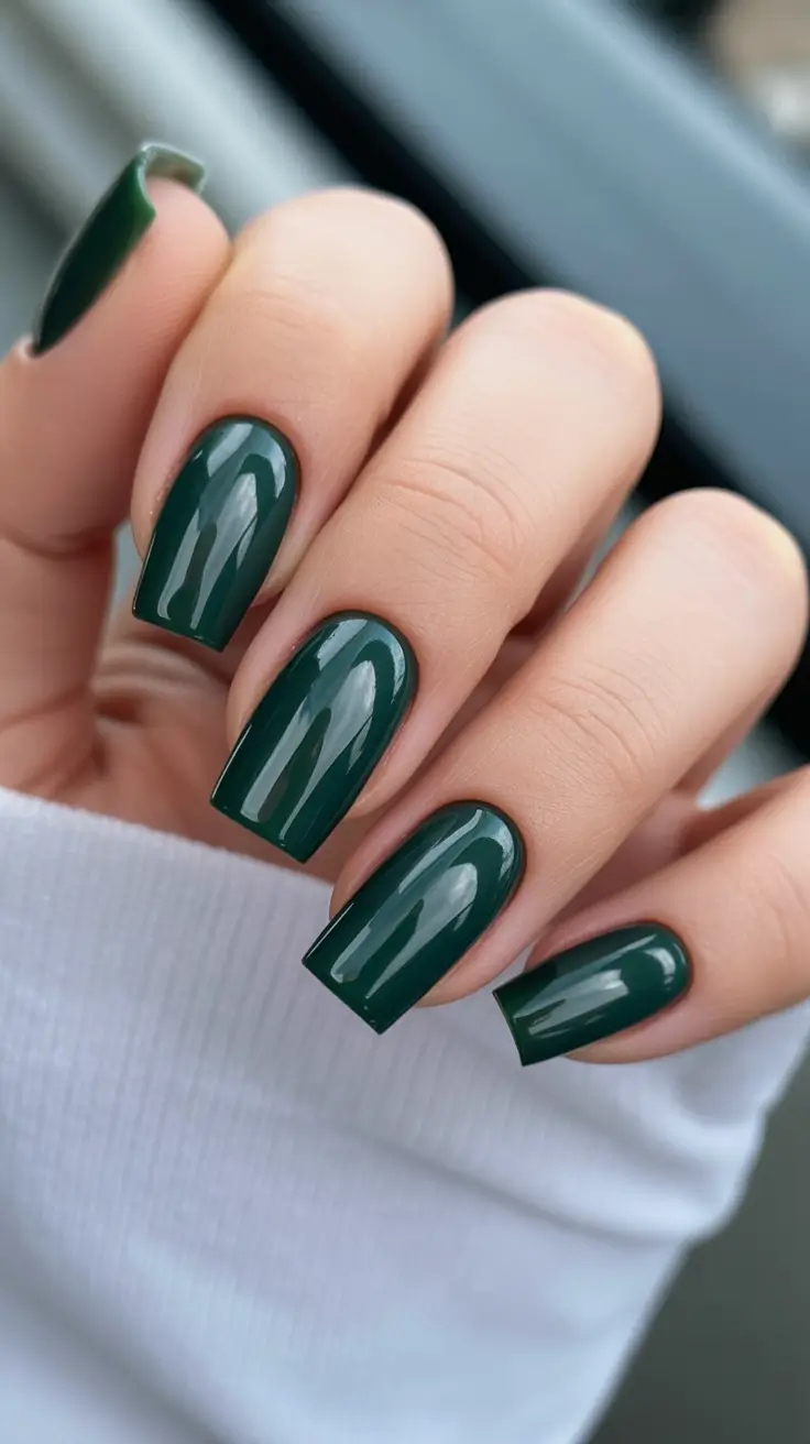 May Nails Ideas 2026 Deep Forest Green Gloss for Confident Transitional Style