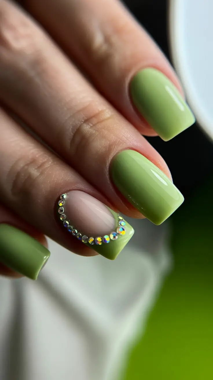 May Nails Ideas 2026 Muted Pistachio Chic with Subtle Crystal Accent