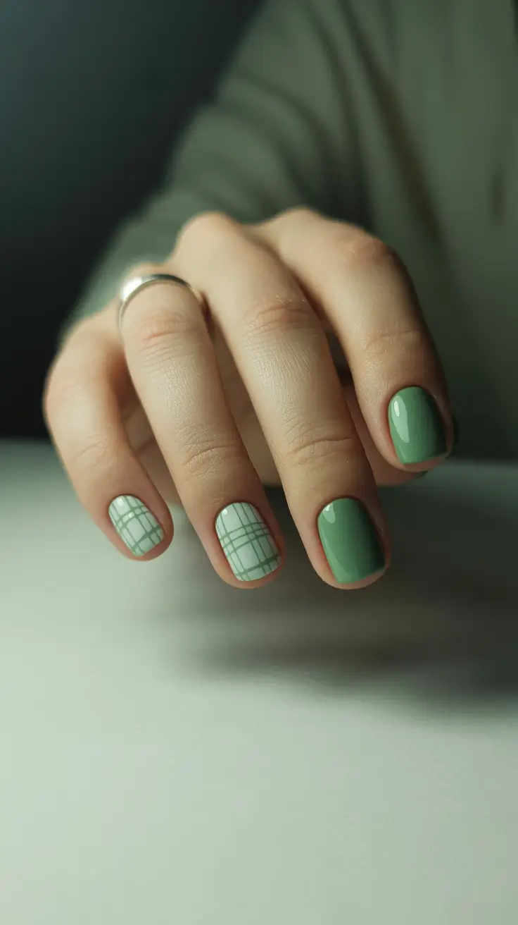 May Nails Ideas 2026 Soft Sage Plaid for Subtle Artistic Spring Energy