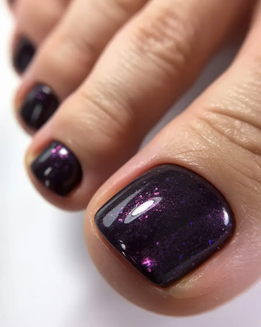 minimalist spring toe nails 2026 Galaxy Plum Sparkle for Moody Minimal Chic