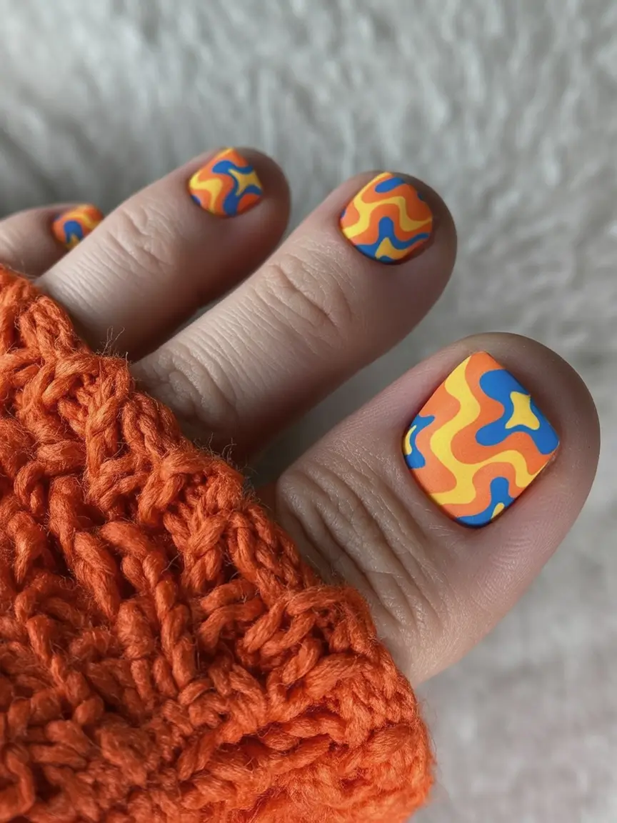 minimalist spring toe nails 2026 Retro Orange Wave Pattern for Playful Spring Energy