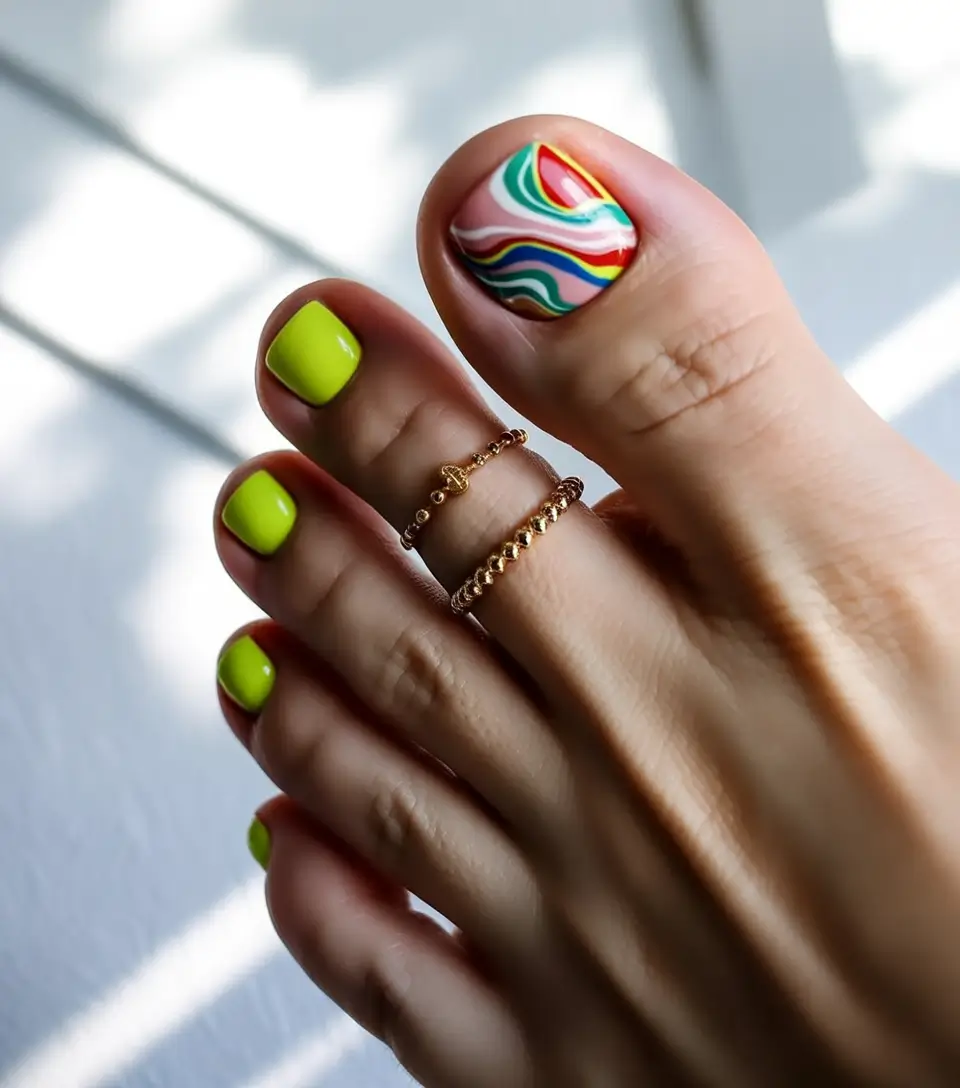 minimalist spring toe nails 2026 Neon Lime Accent with Rainbow Marble Statement